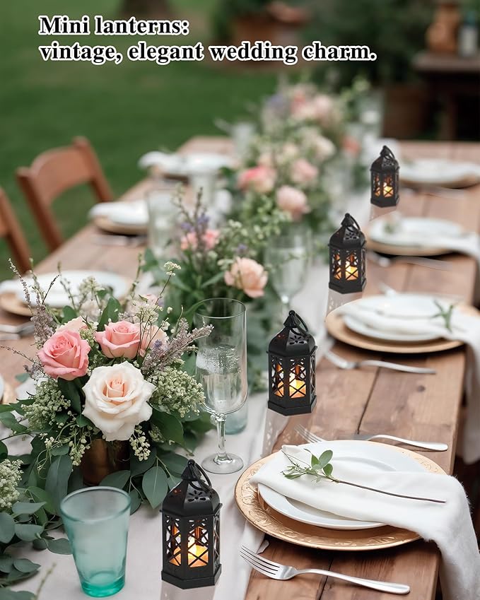 8-Pack Mini Lanterns with Flickering LED Candles for Ramadan, Moroccan Decorative Hanging Lanterns for Halloween, Christmas, Wedding, Black Lantern for Table Centerpiece, Home & Party Decor