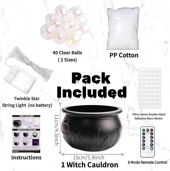 Halloween Cauldron Decor Indoor - Witches Bubbling Cauldron Kit w/ 30 LED Purple Lights, 40 Orbs & Cotton - Vintage Hocus Pocus Theme, Wireless Remote, 8 Light Modes