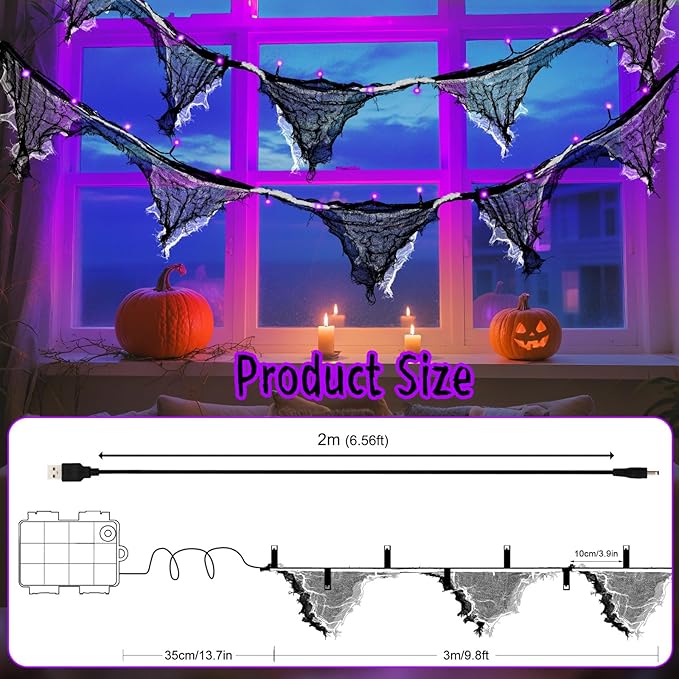 Halloween Lights Battery Operated or USB, Creepy Cloth String Lights with Timer Waterproof 9.8ft 30LED Purple String Lights Halloween Decortions for Fireplace Window Door Mirror