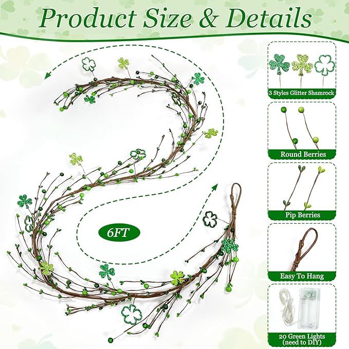Timer - Lighted St Patricks Day Garland St Patricks Day Decorations, 6 Ft Shamrock Garland with 20 Green Lights Berried Artificial Clover Garland Irish St. Patrick's Day Decor for Home Mantle Table
