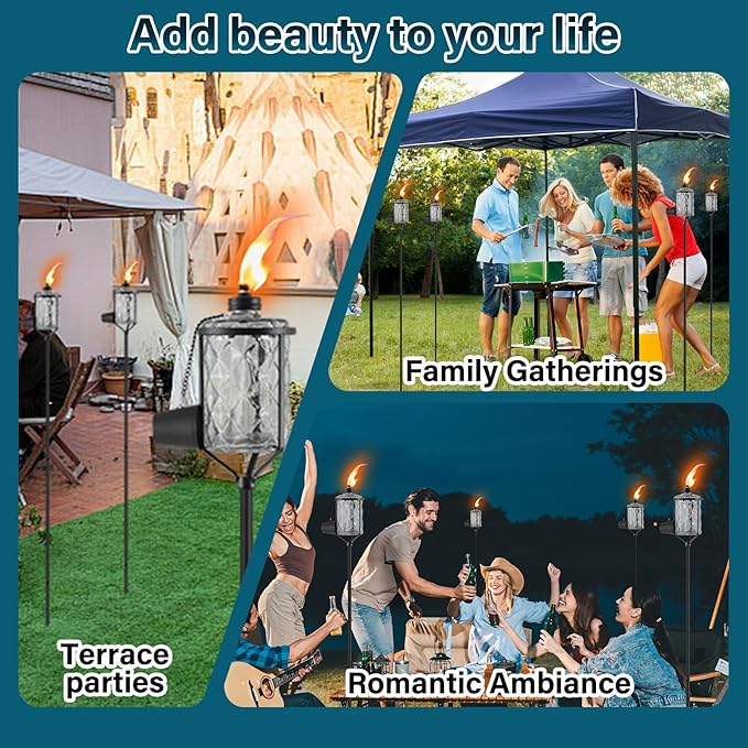 4 Pack Glass Torches, 13.5 oz Citronella Torches for Outside, Citronella Torches with 3-Prong Grounded Stake, Landscape Lanterns Torches for Garden, Patio, Party Decor (Gray)