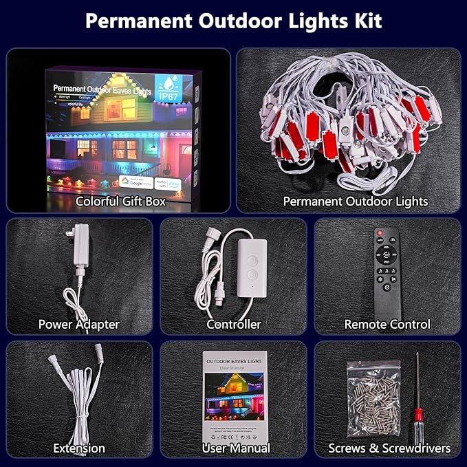 Permanent Outdoor Lights for House: 100FT Smart RGB+IC Eave Light for Halloween Christmas Decor,Warm/Cool White Lighting,IP67 Waterproof,Works with Alexa Google Assistant,White