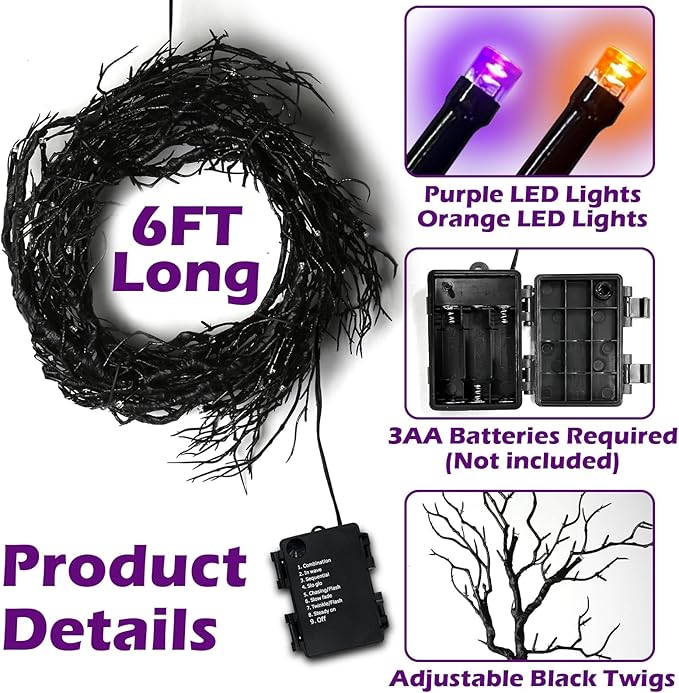 [ 8 Modes & Timer ] 6 Ft 45 LED Halloween Willow Vine Twig Garland Decorations Orange & Purple Lights, Battery Operated Waterproof Halloween Decorations for Home Wall Fireplace Mantle Decor