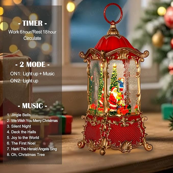Christmas Snow Globes Santa Claus Snow Globe Lantern, Lighted Christmas Decorations Indoor for Home with Music Timer Glitter, Rotating Train Festival Gifts, USB & Battery Operated 12.5 inch