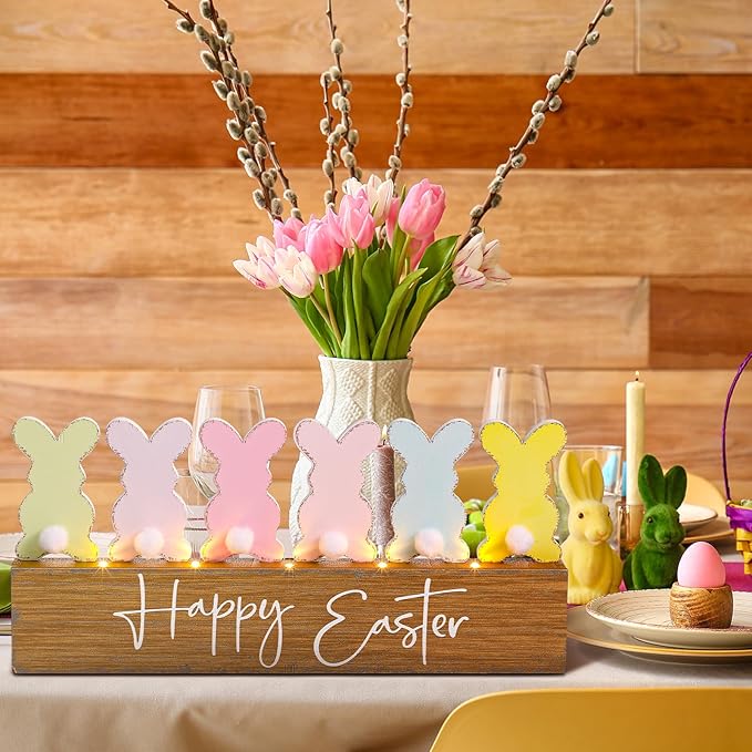 Yousoontic Easter Decorations Wooden Bunny Table Decor with LED Lights, Lighted Bunny Butt Centerpiece, 3D Farmhouse Easter Rabbit Sign for Mantel, Tiered Tray, Home Desk, Office, Spring Party