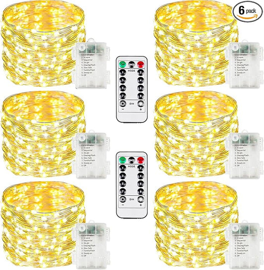 6 Pack Fairy Lights Battery Operated with Remote, 120LED 40FT Twinkle Lights Waterproof Outdoor Indoor Decor, 8 Modes Battery String Light Timer for Christmas Party Birthday Home DIY Décor(Warm White)