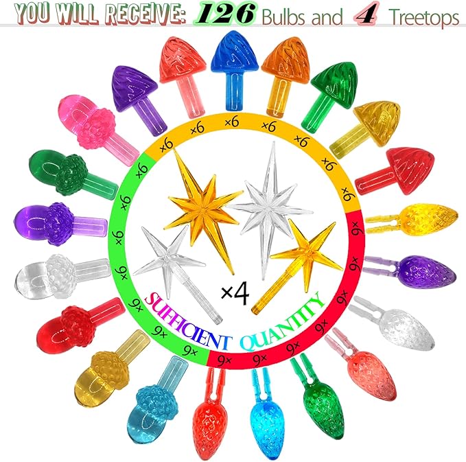 Ceramic Christmas Tree Replacement Lights Bulbs/130Pcs Medium Tree Pegs Accessories Including Mushroom/Acorn/Pineapple & 4 Pcs Toppers Stars (Pentagram and Heptagram)