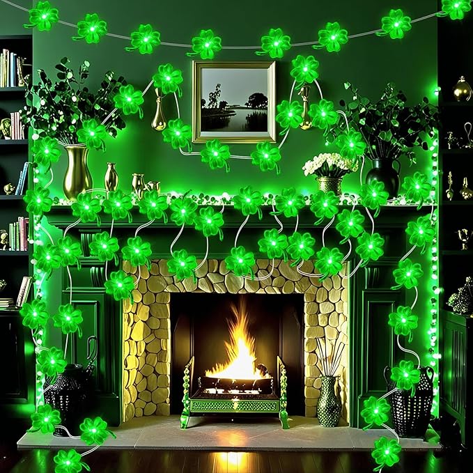 ZGWJ St Patricks Day Decorations Shamrocks String Lights Battery Operated, 1 Pack 50LED 16FT Waterproof Fairy Lights Lucky Clover Green for Bedroom,Party,St Patricks Day Decor