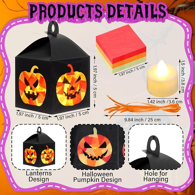 12 Sets Halloween Jack-O-Lantern Crafts with LED Candlelight Jack-o-Lantern Tissue Paper Crafts Kits DIY Pumpkin Suncatchers Lanterns Kits Hanging Spooky Supplies for Halloween Party Decors