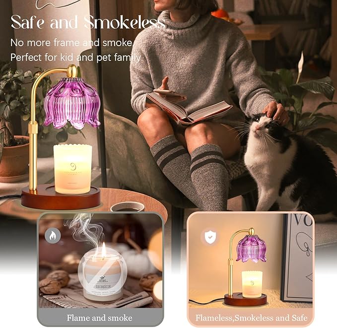 Adjustable Flower Candle Warmer Lamp with Timer, Lotus Tulip Glass Warmer Light for Jar Candles, Electric Wax Warming Melter, Gifts for Women Mom, Vintage Bedroom Decor