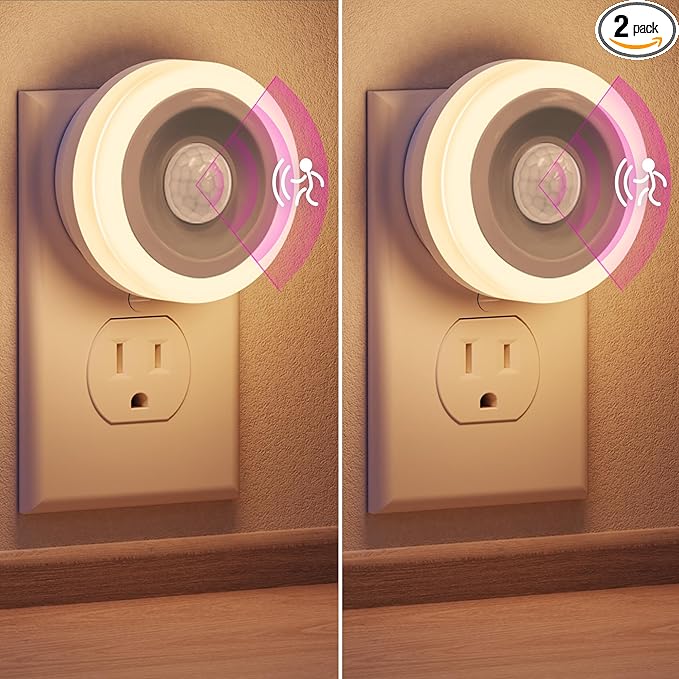Briignite Motion Sensor Night Light, Night Lights Plug into Wall, Auto On/Off Motion Activation Nightlight, Energy-Saving 0.6W LED, Warm White, Ideal for Kids, Bedroom, Bathroom, 2 Pack