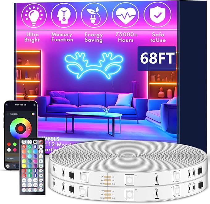 roperry 68FT Outdoor LED Strip Lights,IP68 RGB LED Lights with Remote and APP Control, Outdoor Strip Lights for Pool, Balcony, Roof, Garden, Stairs (1 Roll)