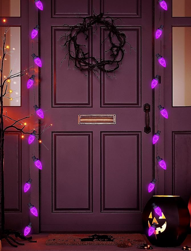C7 Halloween Purple String Lights Plug in, 26Ft Outdoor Halloween Decorations Lights with 50 LED C7 Strawberry Purple Bulbs Waterproof UL Listed for Roofline Backary Porch Window Holiday Party Decor