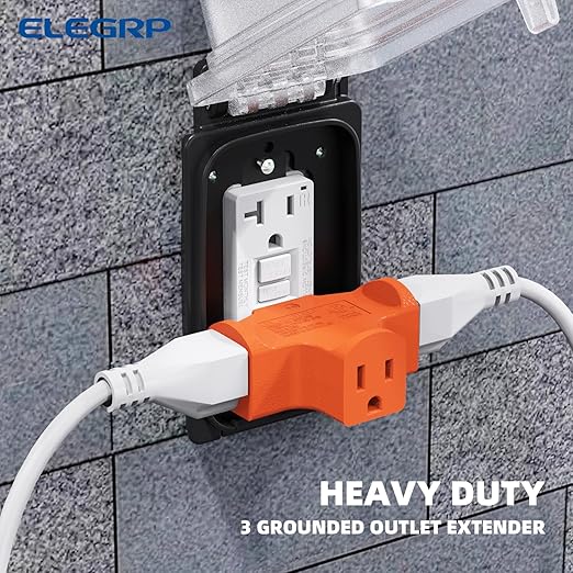 ELEGRP 3-Prong Heavy Duty Power Extender to Triple Outlet in T Direction, Multi-Directional Grounded Wall Tap Outlet Extender with 3 Prong Plug-in, 15-Amp, 125-Volt, ETL Listed, 3 Pack, Orange