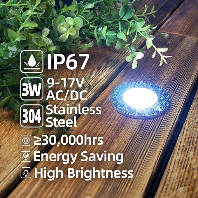 Low Voltage Deck Light 6 Pack, 3W 250LM Landscape Lighting, φ48 mm Recessed LED Outdoor Step Stair Lights, Full 304 Stainless Steel Deck Lighting Wired for Outside Floor Yard (SG06, 6-Pack 2700K)