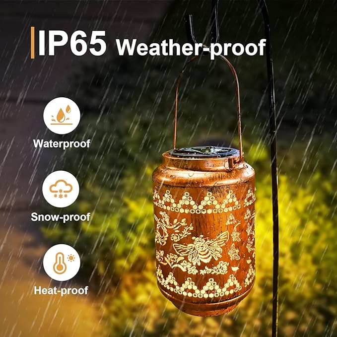 Solar Lanterns Outdoor Bee Metal Waterproof Garden Decor Christmas Birthday Gifts for Women Mom Grandma Decorative LED Hanging Solar Lights Outside for Yard, Patio,Backyard,Landscape