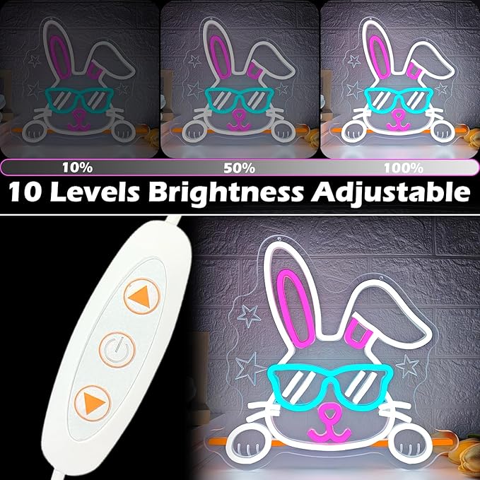 Bunny Neon Sign Happy Easter Neon Light for Home Dimmable Easter Decorations Neon Wall Art Glasses Rabbits LED light Sign for Bar Office Shop Bunny Window Lights Glow in The Dark Bunny