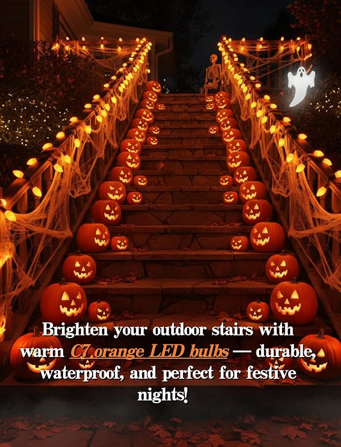 25 Pack C7 LED Christmas Lights Replacement Bulbs,Ceramic Orange Night Light Bulbs 0.6Watt Plastic Shatterproof LED Bulb E12 Replacement Bulbs for Outdoor Christmas String Lights,Candle Lights