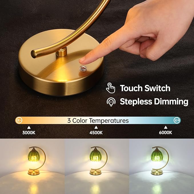 Tulip Table Lamp, 5200mAh Cordless Touch Control Table Lamp with 3 Color Temps & Stepless Dimming, Rechargeable Battery Table Lamp for Living Room, Bedroom, Office, Shelf (Green Tulip)