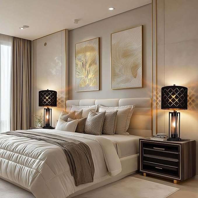 Modern Table Lamp Set of 2, Nightstand Lamps with Black Grid Shade, Bedside Lamps with USB A+C Charging Ports, Decorative Table Lamp, Square Base, Desk Lamps for Living Room, Bedroom, 2 Bulbs Included