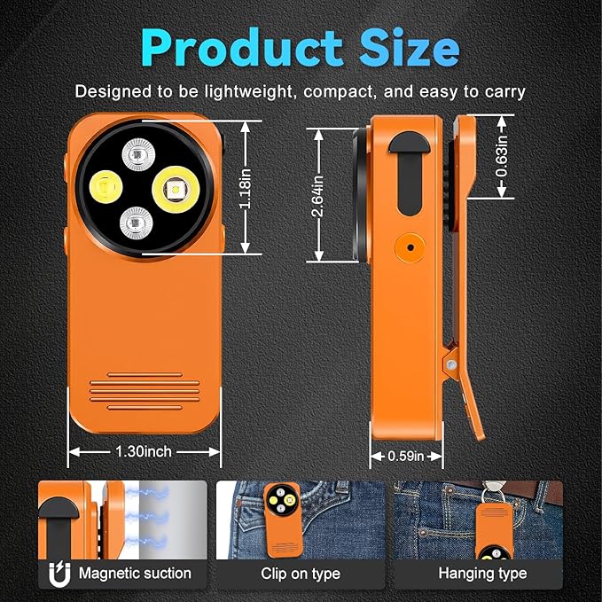 EDC Flashlight Clip-on Light, 600 Lumens Rechargeable Flashlight, Mini Pocket Clip-on Light with RGB Mode, Magnetic Small Flashlight Type-C for Camping Repairing Signaling Cycling, Orange
