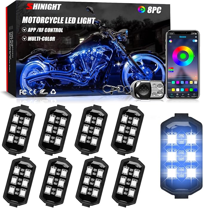 SHINIGHT 8 Pcs Motorcycle LED Light Kits, App Control Multicolor Waterproof Motorcycle LED Strip Lights with RF Remote, Music Sync & Multiple Scene Modes RGB LED Lights for Motorcycles