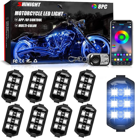 SHINIGHT 8 Pcs Motorcycle LED Light Kits, App Control Multicolor Waterproof Motorcycle LED Strip Lights with RF Remote, Music Sync & Multiple Scene Modes RGB LED Lights for Motorcycles