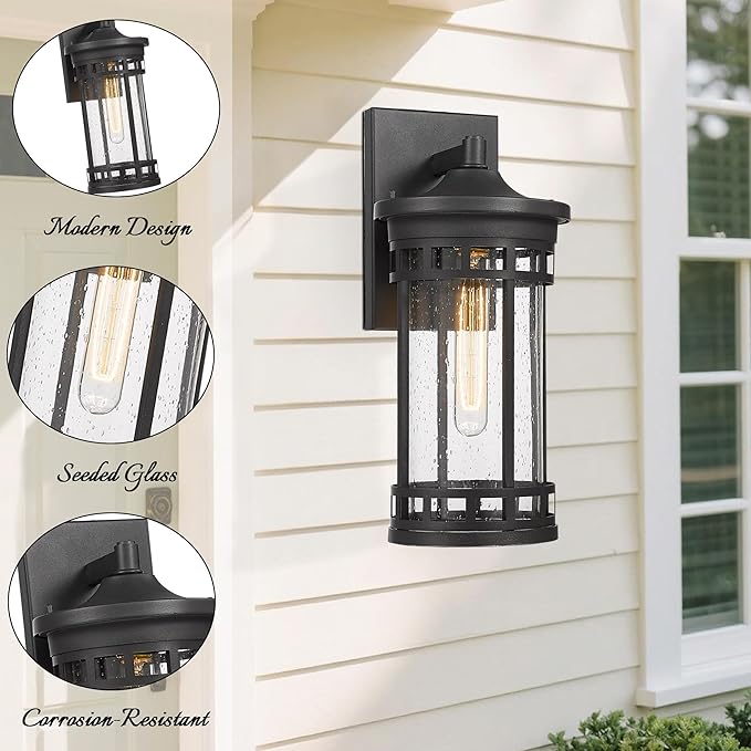 Outdoor Wall Sconce, Farmhouse Outdoor Wall Lantern with Seeded Glass ,Waterproof Exterior Lighting Fixture, Anti-Rust lamp Light for Patio Yard House Hallway Doorway Garage (Black,14.93 Inch Height)