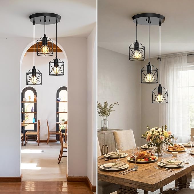 3 Light Pendant Lighting, Farmhouse Hanging Light Fixture for Kitchen Island & Dining Room, Industrial Vintage Ceiling Lamp with E26 Base, Adjustable Height, Matte Black