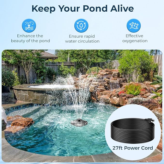 POPOSOAP Floating Fountain With LED Lights, Pond Fountain and Aerator Complete Kit with 660GPH Water Pump 27FT Power Cord, 3 Spray Styles for Ponds, Pool, Water Gardens P130
