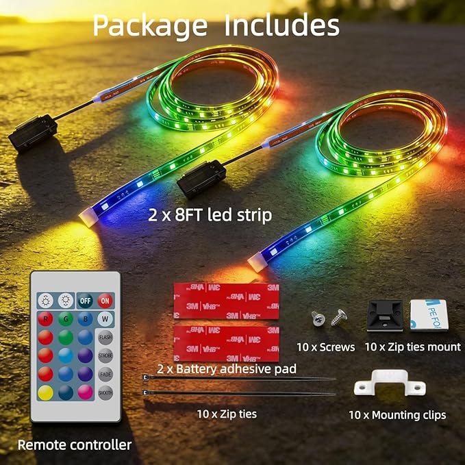 Battery Powered Boat Lights, 2 Pcs 8FT IP68 Submersible RGB Marine LED Strip Lights with Remote, Interior Courtesy Deck Lighting for Kayak SUP Canoe Pontoon, Jon Boat, Bass Boat, Fishing Safety