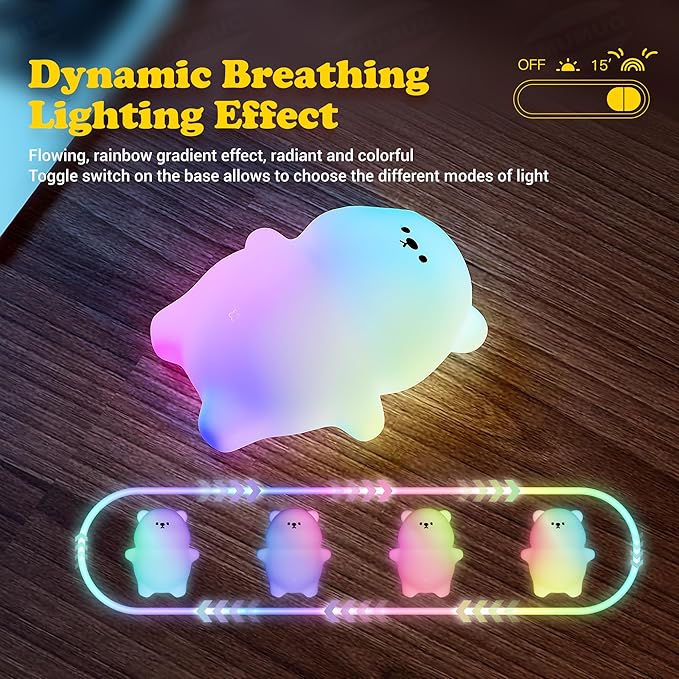 Bear Night Light for Kids, 8 Color Silicone Cute Duck Lamp, Lying Flat Duck, 3 Level Dimmable Kids Rechargeable Bedside Touch Baby Light