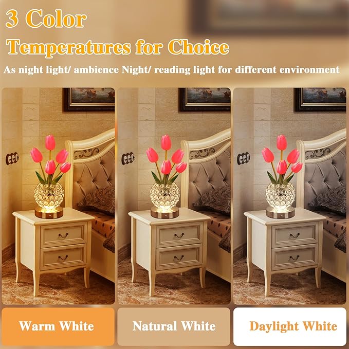 Mothers Day Gifts/Birthday Gifts for Women/Mom Table Lamp, 3 Color Crystal Flower Bedside Lamps Infinitely Dimming with USB Charge Small Night Light,Nightstand Touch Lamp for Bedroom (red-tulip)