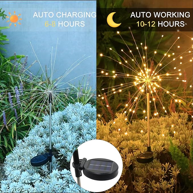 Solar Garden Firework Lights Outdoor Waterproof, 4 Pack Solar Lighting with 8 Lighting Modes, 120 LED Sparklers String Lights for Outside Decor Yard Pathway Decorations(Warm)