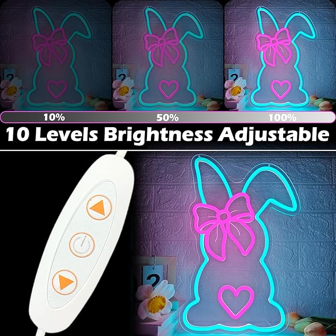 Easter Neon Sign Bow Neon Lights for Wall Bunny LED Sign Cute Rabbit Neon Light Sign for Bedroom Living Room Happy Easter Decorations Light Sign Neon Wall Art for Home Office