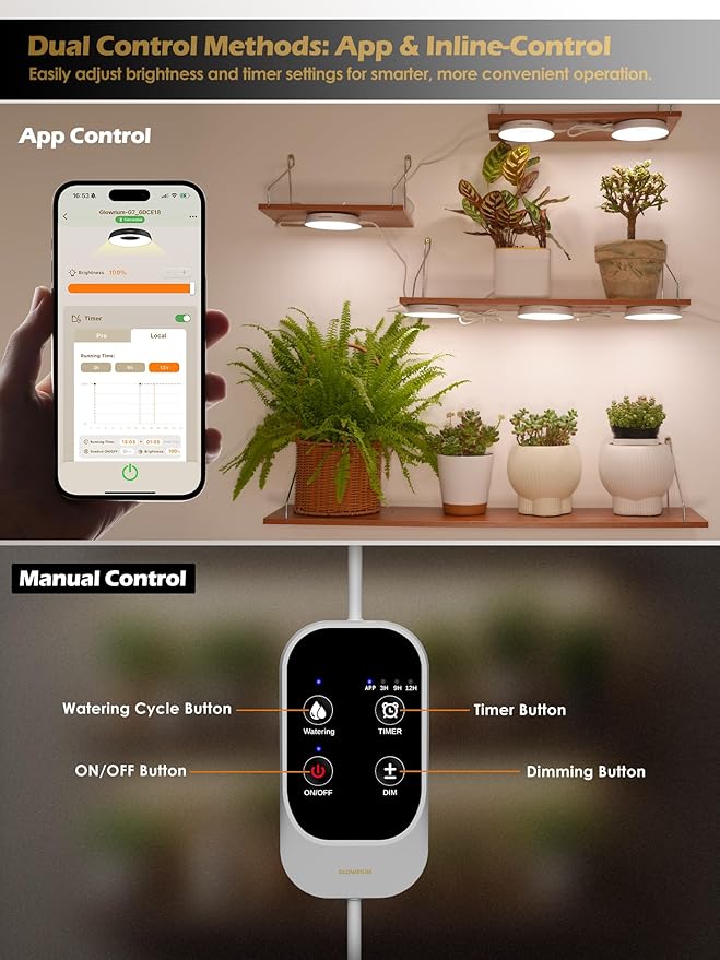 GLOWRIUM Grow Lights for Indoor Plants, 32W Smart Full Spectrum LED Grow Light, Auto Timer and Stepless Dimming,Plant Assistant with Watering Reminder,Modular Design(White, 4PCS)