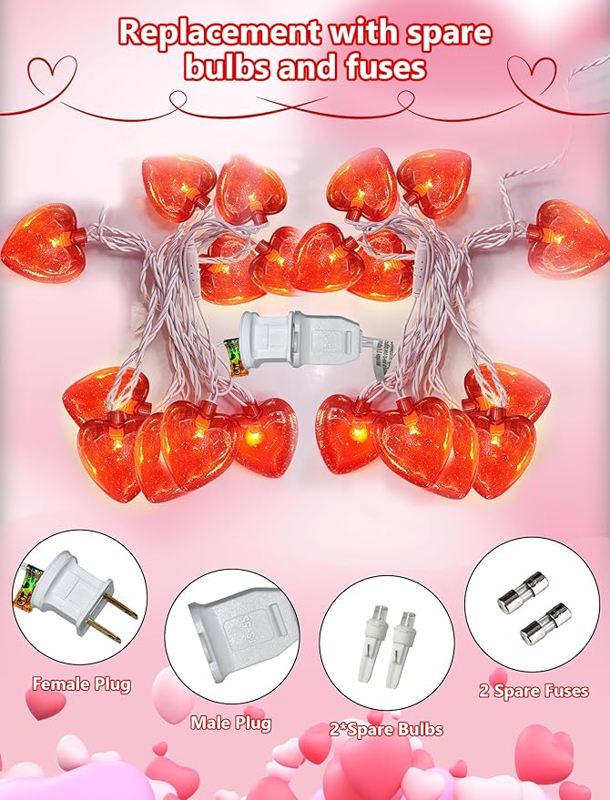 8.5Ft Valentines Day Lights,Heart Lights String with 10 Pack Shiny Glitter Red 3D Heart Lights,Plug in Valentine Light for Indoor Outdoor Valentine's Day Party Wedding Anniversary Decor