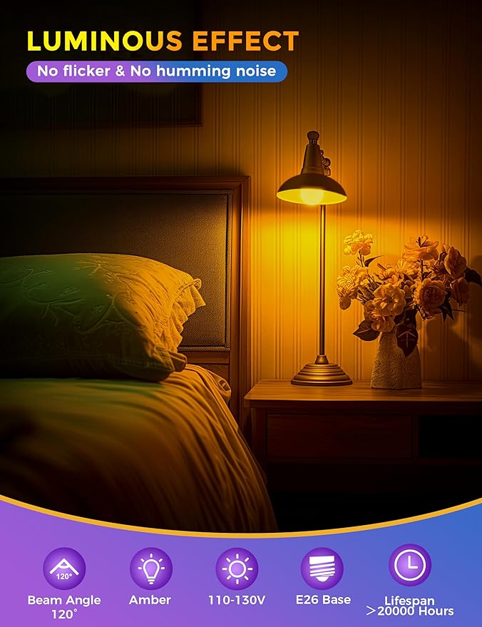 JandCase Amber Light Bulbs for Healthy Sleep, 3W Warm Light Bulbs Blue Light Blocking, Low Watt Light Bulbs 40W Equivalent, E26 A19 Dim Light Bulbs for Lamp, Bderoom, Mood Soothing, Nursery, 2 Pack