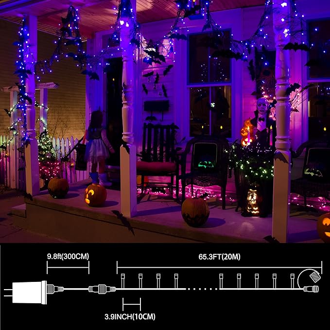 LAMPHOME 66ft Halloween Decorative Mini Lights, 200 LED Green Wire Fairy Starry String Lights Plug in, 11 Lighting Modes, for Halloween Decoration Outdoor Xmas Tree Party Decoration (Purple)