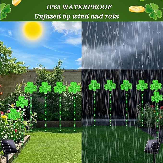 St. Patricks Shamrock Pathway Lights, 6pcs Green Lucky Clover Lights with 8 Lighting Modes, Solar Stake Lights Outdoor Waterproof, LED Landscape Light for Green Irish Decoration (Green - Clover)