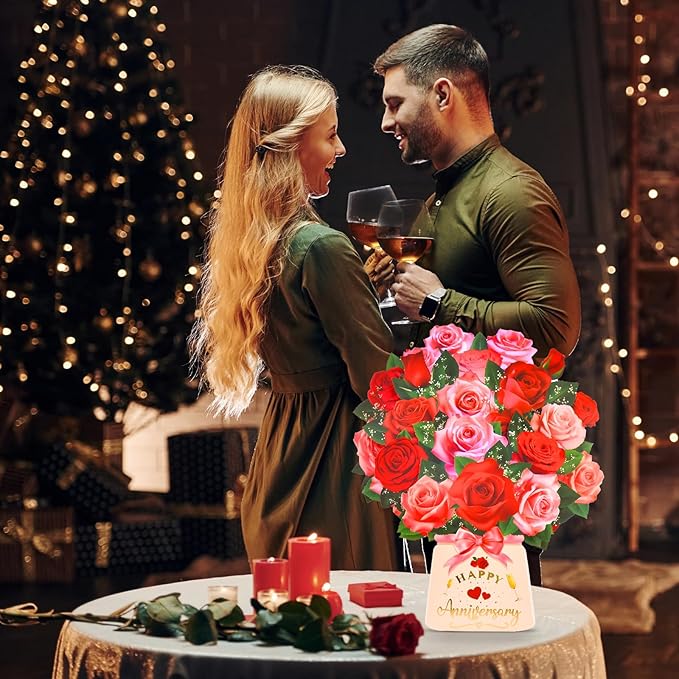 Pop Up Anniversary Card with Lights & Music, 12 Inch Paper Rose Bouquet Greeting Cards with Note Card & Envelop, Happy Anniversary Cards for Women, Popup Wedding Anniversary Card Gifts for Wife