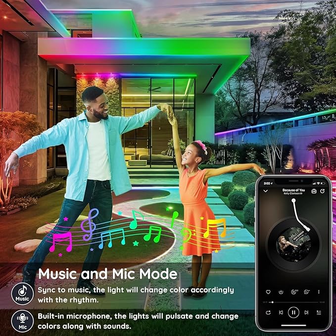 50ft Outdoor LED Strip Lights Waterproof,IP68 Outside Led Light Strips Waterproof with App and Remote,Music Sync RGB Exterior Led Rope Lights with Self Adhesive Back for Roof,Deck