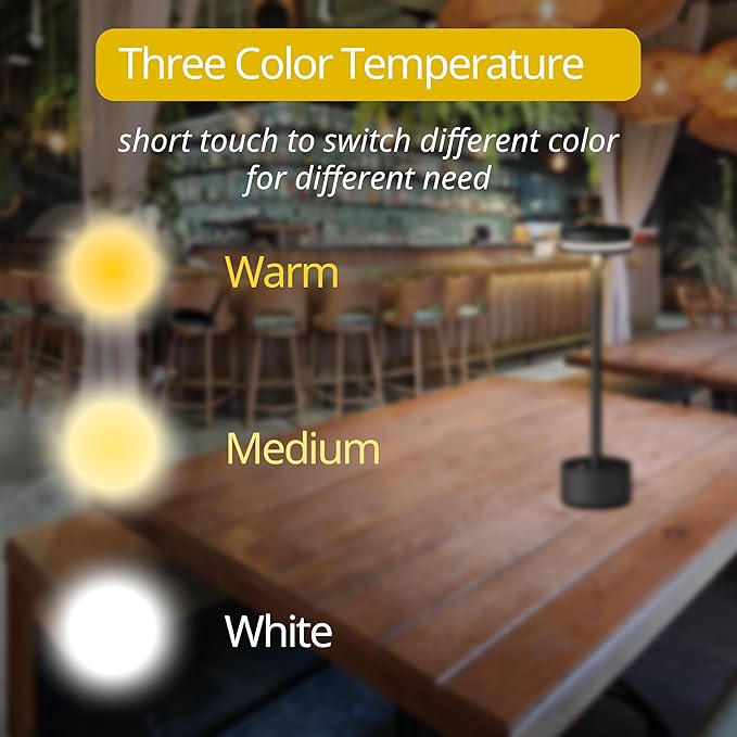 Portable Rechargeable Bedside Lamp, Touch Stepless Dimmable, Cordless Table Lamp for Home, Bedroom, Hotel, Restaurant, Bar, Outdoor, 1 Pack (Black)