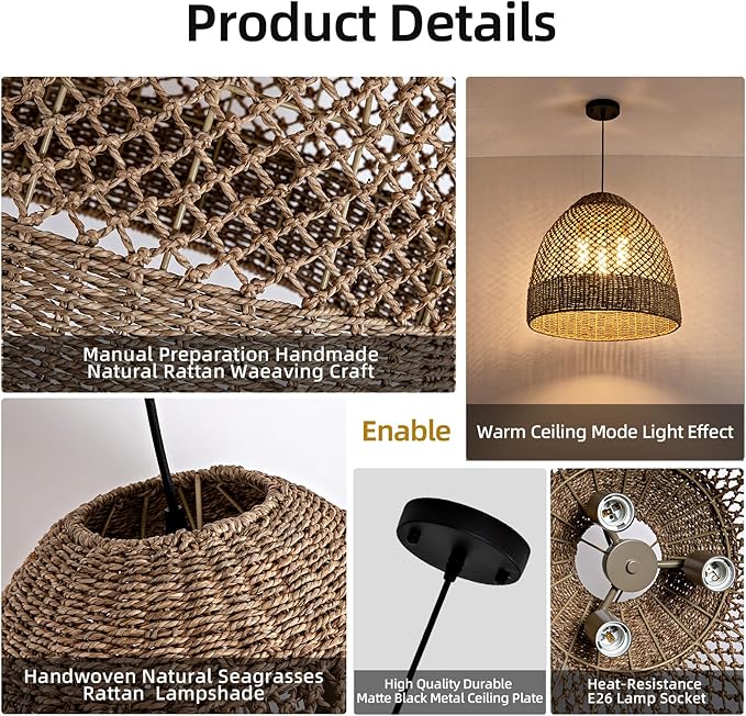 19" Rattan Pendant Light,Hand-Woven Rustic Wicker Hanging Light 3-Light Seagrass Ceiling Chandelier Oval Water Plants Rattan Chandelier for Dining Living Bedroom Kitchen Farmhouse