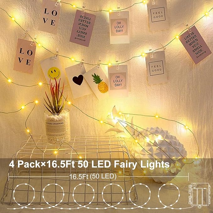 ZAIYW Battery Fairy Lights 4 Pack 16.5Ft 50 LED Fairy Lights with Remote Timer 8 Modes, Dark Green Copper Wire Waterproof Fairy String Lights for Bedroom Christmas Tree Garland Decor (Warm White)