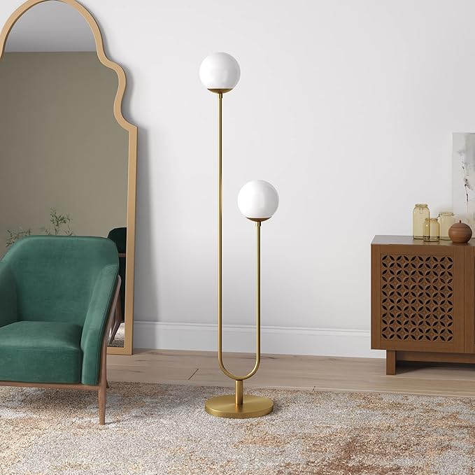 Henn&Hart 68.5" Mid-Century Modern 2-Light Floor Lamp with White Milk Glass Globe Shade for Living Room, Bedroom, or Office, Gold