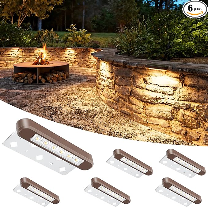 VOLISUN 7 Inch Retaining Wall Lights, IP67 Waterproof Hardscape Lighting, Cuttable Low Voltage Lighting, 12V Paver Lights, 2.8W Outdoor Step Landscape Lights, 2700K Soft White (6 Pack)
