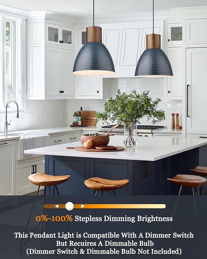 ELYONA 2 Pack Modern Hammered Pendant Lights 10.2” Blue Solid Wood Hanging Lamp, Adjustable Height, Industrial Metal Pendant Lighting for for Farmhouse, Kitchen Island, Dining Room,Bedroom,Bar,Office