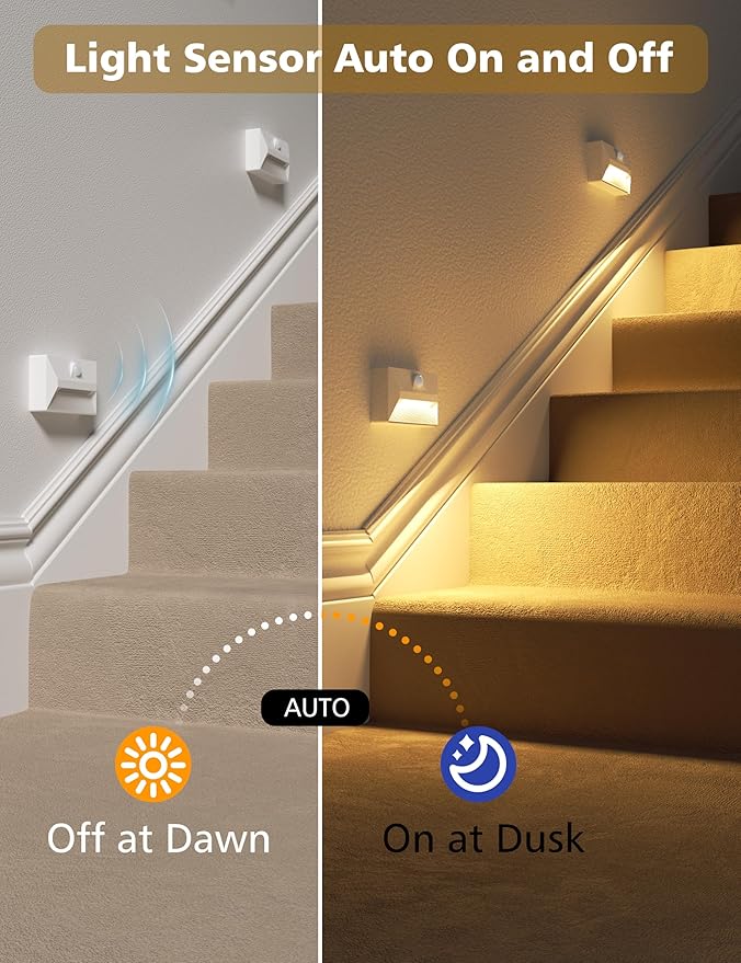NIORSUN Motion Sensor Night Light, Rechargeable Stair Lights Indoor, 3 Colors and Motion Modes 2000mAh Battery Night Light with Light Sensor for Stairway, Hallway, Bathroom, Kitchen White 8 Pack