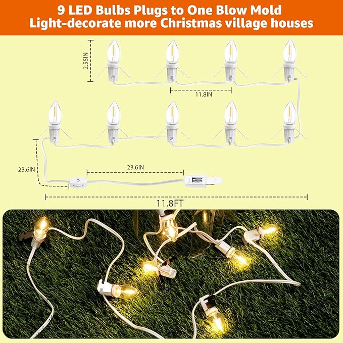Christmas Village Lights, C7 Blow Molded Light Cord with 9 LED Bulb.11.8Feet Suitable for Christmas Village Houses, Halloween Holiday，Holiday Lighting - Warm Light